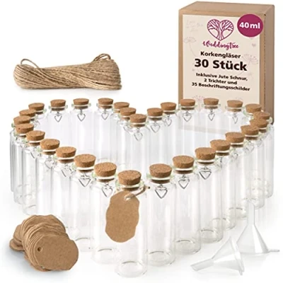 Obrázek WeddingTree Zkumavka s korkem 30 x 40 ml malé skleněné lahvičky a přívěskem ve tvaru srdce jako dárek pro hosty, svatební dekorace, sklenice na koření, dekorace Vánoce