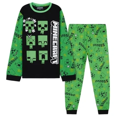 Obrázek Minecraft pyžamo dětské bavlna, Creeper chlapecké dlouhé s horním dílem a pyžamovými kalhotami 7 až 14 let dárky pro chlapce, Zelená/Černá