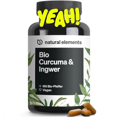 Obrázek natural elements bio kurkuma a zázvor 180 kapslí kurkuma, pepř s kurkuminem piperinem ve vysokých dávkách vyrobeno v Německu laboratorně testováno Vegan