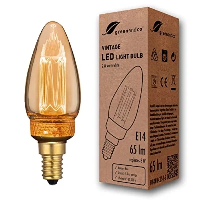 Obrázek greenandco LED žárovka Vintage Design pro náladové osvětlení E14 C35 zlatá 2 W 65 lm 1800 K extra teplá bílá 320 230 V bez blikání nestmívatelná Edison