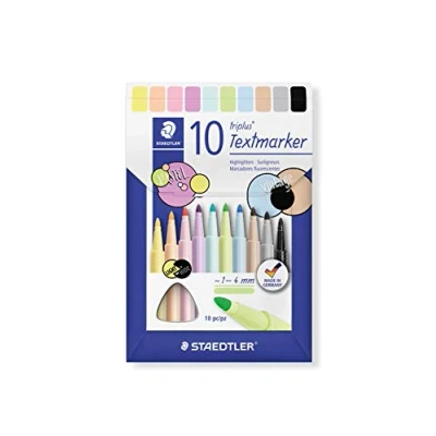 Obrázek STAEDTLER Zvýrazňovač triplus, ergonomický trojúhelníkový dřík, šířka linky 1 4 mm, suché během sekund, PP dřík zaručuje dlouhou životnost, 10 zvýrazňovačů v kartonovém pouzdře, 362 C10