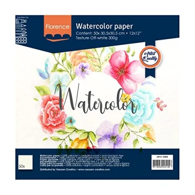 Obrázek Florence 2911 1004 akvarelový papír 30,5 x cm v barvě slonovinové bílé, z papíru strukturovaného 300 g/m², 50 listů pro scrapbooking, akvarelové malby, ruční písmen a štětec Lettering, kus
