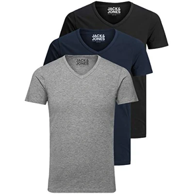 Obrázek Jack and Jones pánské tričko Basic výstřih do v balení 3 ks jednobarevné Slim Fit bílé černé modré šedé, Mix barev.