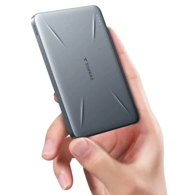 Obrázek TORRAS Ultra tenký Pro powerbanku MagSafe Power Bank, bezdrátová magnetická powerbanka 5 000 mAh s USB C rychlým nabíjením, externí akumulátor iPhone 16 Max/15/14/13/12 série