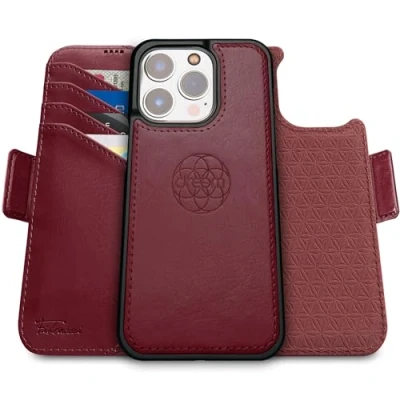 Obrázek Dreem Fibonacci kompatibilní s iPhone 15 Pro pouzdro na peněženky / 2 v 1 nárazuvzdorné a odnímatelné fólie z veganské kůže, MagSafe, RFID ochrana [burgundský]