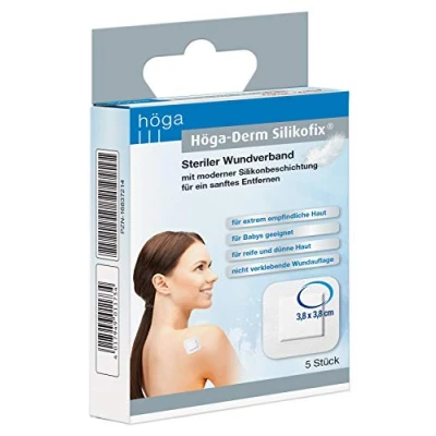 Obrázek Höga Derm Silikofix 3,8 cm x cm, 5 ks. Hvězdné obvazy s moderním silikonovým povrchem pro jemné vzdálenosti. 14 g