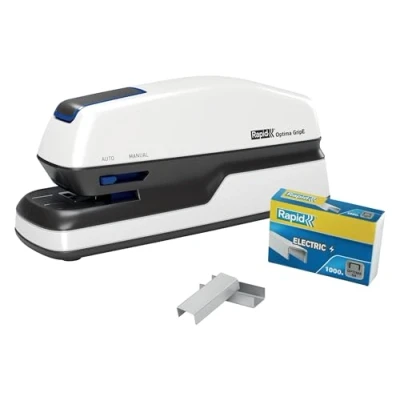 Obrázek Rapid Optima GripE elektrická sponka, sada ze sešívačky a 1000 x svorek, kapacita 20 listů, ideální pro kancelář domácí kancelář, bílá barva, 2102349