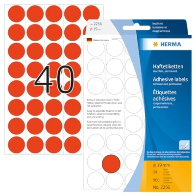 Obrázek HERMA 2256 Bodové nálepky lepicí tečky, perforované zářivě červené, 960 kusů, Ø 19 mm, 40 na arch, samolepicí, označovací body pro kalendář plánovací kalendář, matné, prázdné papírové barevné