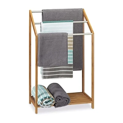 Obrázek Relaxdays Držák ručníků bambus, 3 tyče na ručníky, volně stojící, odkládací plocha, moderní, V x Š H: 85 51 31 cm, přírodní