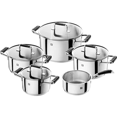 Obrázek 5dílná sada hrnců na vaření CORNELIA POLETTO by Zwilling vhodná pro indukci, nerezová ocel, se skleněnou poklicí, silikonovými úchyty, stříbrná