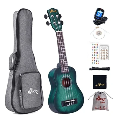 Obrázek Winzz 21&quot; sopránová ukulele sada pro začátečníky děti dospělí, jedinečný barevný design, s kapsou, ladičkou, přídavnými strunami, popruhem, nálepkou na noty, lešticí hadřík, tmavý azurová