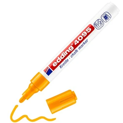 Obrázek edding 4095 křídový popisovač neonový oranžový 1 kulatý hrot 23 mm na tabuli omyvatelný k popisování oken, skla, zrcadla tužka s krycími