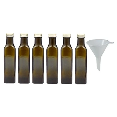 Obrázek Viva Haushaltswaren 6 x hnědá skleněná láhev / na olej 250 ml se zlatým uzávěrem, prázdné lahve použitelné jako zásobní nádobu a octa (vč. nálevky Ø 7 cm)