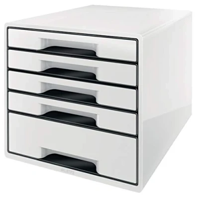 Obrázek Leitz CUBE Zásuvkový box s 5 přihrádkami, A4, vč. průhledné vložky do zásuvek, bílý/černý, WOW, 52531001