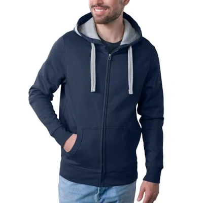 Obrázek HRM pánská mikina s kapucí I Premium kontrastní podšívkou Basic Hoodie se zipem vysoce kvalitní a udržitelné pánské oblečení, Námořnická modrá