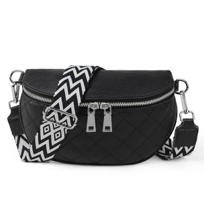 Obrázek TANTOMI taška přes rameno dámská kožená rameno, Crossbody Bag dámský široký popruh, dámské tašky břišní stylová, na opasek elegantní, černá
