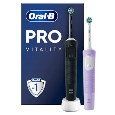 Obrázek Oral B Vitality pro elektrický zubní kartáček / kartáček, dvojité balení se 2 nástrčnými kartáčky, 3 režimy čištění péči o zuby, dárek muže/ženu, Designed by Braun, černá/fialová