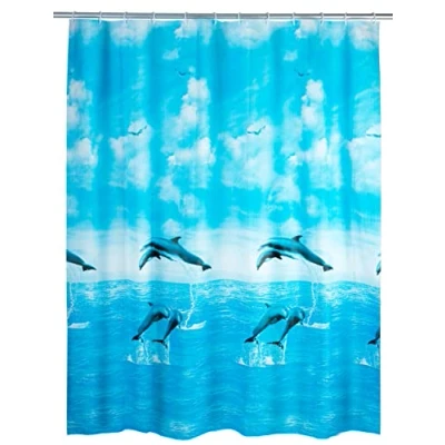 Obrázek WENKO Sprchový závěs Dolphin, z recyklovaného plastu (PE), do sprchy a vany, vodotěsný, 180 x 200 cm, vč. 12 závěsných kroužků