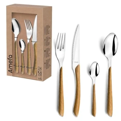 Obrázek Amefa ECLAT Besteck Set NATURE Braun Holz Essbesteck 24 teilig für 6 Personen Edelstahl rostfrei Kunststoff Griffschalen in Holzoptik spülmaschinenfest