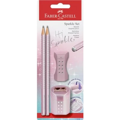 Obrázek FABER CASTELL 118298 sada tužek Sparkle, s ořezávátkem, mazací gumou a 2 tužkami, psací růžová metalická