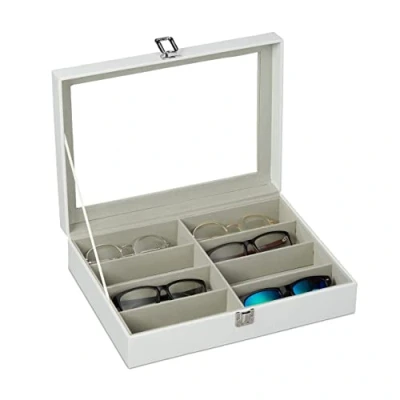 Obrázek Relaxdays Box na brýle 8 brýlí, uložení slunečních V x Š H 8,5 33,5 24,5 cm, koženkové pouzdro brýle, bílý