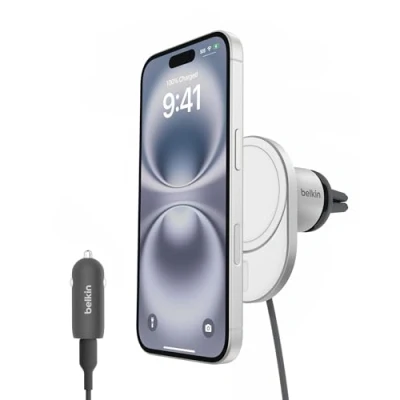 Obrázek Belkin Magnetická bezdrátová nabíječka do auta BoostCharge pro s Qi2 (15 W), kompatibilní MagSafe iPhone série 16/15/14/13/12, kabelem USB C a síťovým zdrojem 20W