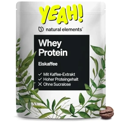 Obrázek Whey Protein prášek ledová káva 1 kg 23 g proteinu a 2,5 kávového extraktu v každé porci pro růst svalů, vysoká dávka vyrobeno Německu laboratorně testováno