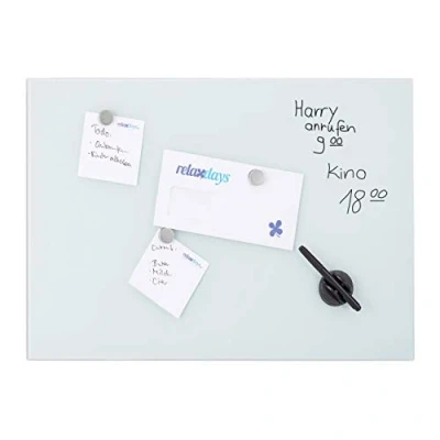 Obrázek Relaxdays Skleněná magnetická tabule, 80 x 50 cm, 3 magnety, popisovače, držák na tužky, kancelář a kuchyně, bezpečnostní sklo bílá