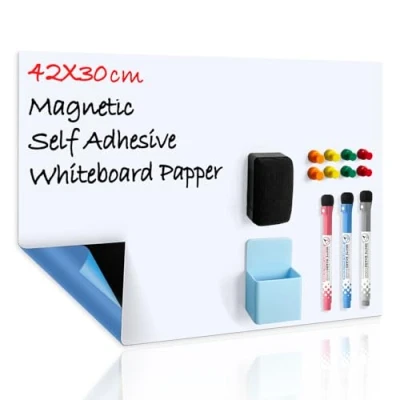 Obrázek CUHIOY Whiteboard fólie magnetická samolepicí A3 pro každý hladký povrch, s novou technologií odpuzující nečistoty, nákupní seznam chladnička, poznámková tabule kancelář, včetně 3 kolíků na bílou