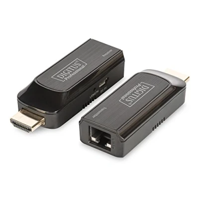Obrázek DIGITUS HDMI Extender kompaktní design Full HD sada (vysílač / přijímač) dosah až 50 m propojovací kabel (Cat 6, Cat 6A, 7) napájení přes micro USB černá