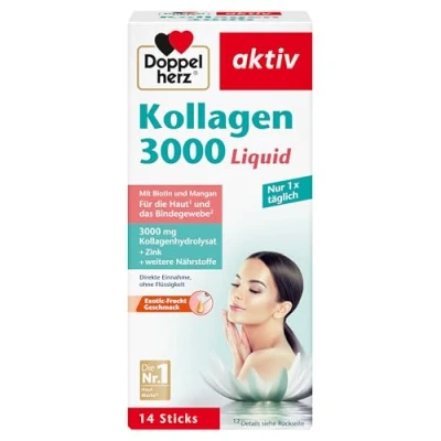 Obrázek Doppelherz Kolagen 3000 Liquid kůže + vazivo s vitaminem A, zinkem a biotinem jako příspěvek k udržení normální pokožky 14 sáčků