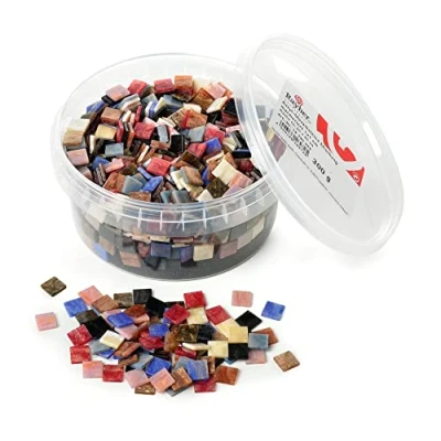 Obrázek Rayher Akrylové mozaikové kameny Mix, mramorované, 1 x cm, čtvercové, cca 1,200 kusů, plechovka 300 g, průhledná, pestrobarevná směsa, plastová mozaika, 14790999