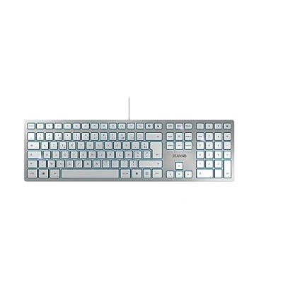 Obrázek CHERRY KC 6000 SLIM, ultratenká designová klávesnice, francouzské rozložení (AZERTY), kabelové připojení (přípojka USB A), tichá tlačítka, nápis s dlouhou životností, stříbrná