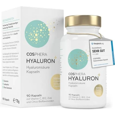 Obrázek Kapsle s kyselinou hyaluronovou vysokou dávkou 500 mg v jedné kapsli 90 veganských hyaluronových kapslí ve 3 měsících zásoby 500700 kDa I obohaceno zinkem jako příspěvek k zachování normální