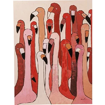 Obrázek Kare Designový obraz Touched Flamingo Meeting, růžová/červená, na plátně, rám z masivního dřeva, akrylová barva, ručně malované detaily, obývací pokoj, ložnice, chodba, 120 x 90 cm (D/Š)