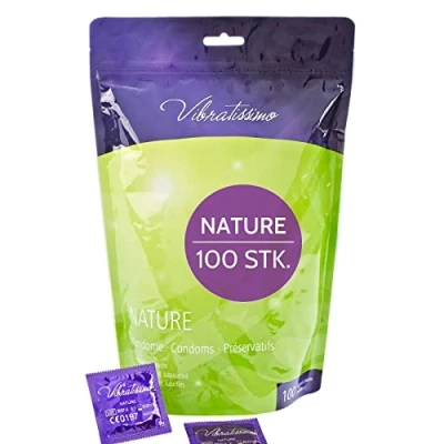 Obrázek VIBRATISSIMO kondomy Nature balení 100 ks I Premium box extra vlhké pro muže tenká tloušťka stěny &amp; přírodní barvy prevence b=53 mm
