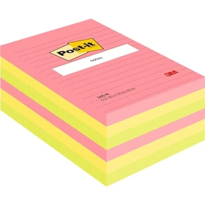 Obrázek Post it Poznámky ve velkém formátu, různé neonové barvy, linkované, 6 bloků, 101 mm x 152 mm, 100 listů na jeden blok extra silně lepicí poznámkový pro seznamy úkolů a vzpomínky