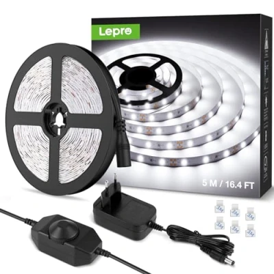 Obrázek Lepro LED pásek studená bílá 5 m, 6000 K, stmívatelný, 300 LED, 12 V samolepicí, IP20 pásek, bílý flexibilní DIY lišta, světelný řetěz se síťovým zdrojem pro