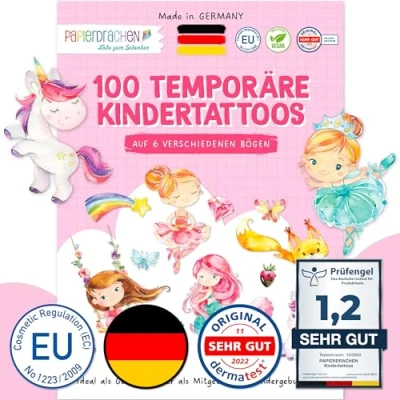 Obrázek Papierdrachen 100 obzvláště příjemných dětských tetování s jednorožci, mořskými pannami a princeznami jako dárek k narozeninám nebo nápad na 100% veganské &amp; testováno