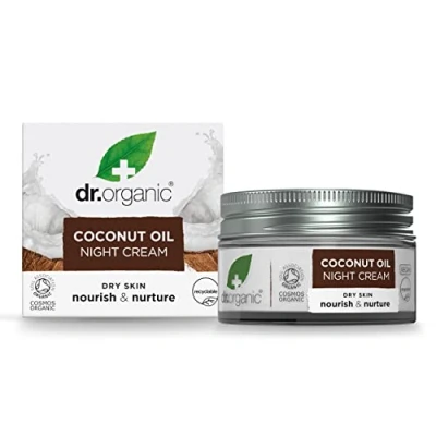Obrázek Dr Organic Kokosový olej noční krém, hydratační, suchá pokožka, přírodní, veganský, netestovaný na zvířatech, bez parabenů a SLS, plastů, recyklovaný recyklovatelný, certifikovaný Bio, 50 ml