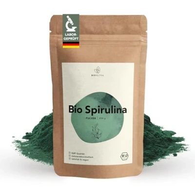 Obrázek bio Spirulina prášek 250 g, kontrolovaný zbytky, vyroben podle normy EU ÖKO, veganský, bez laktózy a lepku, přísad, prášek, BIONUTRA®