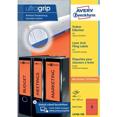 Obrázek AVERY Zweckform L4766 100 etikety na hřbety pořadačů (400 štítků hřbetu s ultragripem, 61 x 192 mm A4, široké/krátké, samolepicí, absolutně neprůhledné, potiskovatelné štítky