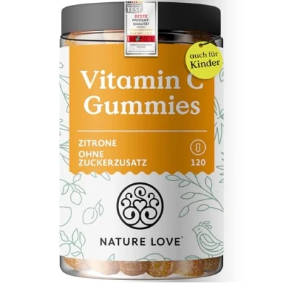 Obrázek NATURE LOVE® Pryže s vitaminem C 120 kusů mg v denní dávce pro dospělé, 40 děti bez přidaného cukru nebo sladidla gumoví medvídci 91% podílem ovoce veganské a laboratorně