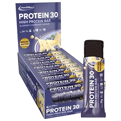 Obrázek IronMaxx Protein 30 bílkovinných tyčinek borůvka 24 x 35 g bezlepkové proteinové tyčinky bez palmového oleje s vitamíny vhodné pro stravu nízkým obsahem cukru a nízkosacharidovou stravou