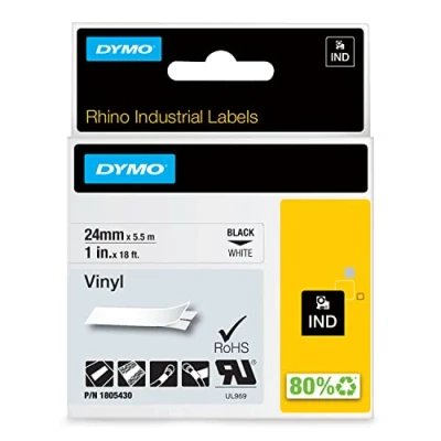 Obrázek DYMO Průmyslové vinylové etikety Rhino 24 mm x 5,5 m černý tisk na bílém podkladu samolepicí páska