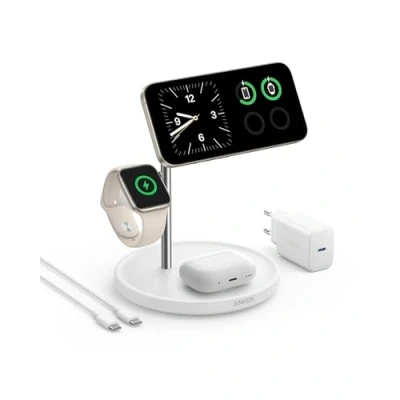 Obrázek Anker Bezdrátová nabíjecí stanice MagGo 3 v 1, 15W bezdrátový stojan, kompatibilní s MagSafe, certifikováno Qi2, pro iPhone 16/15/14/13, AirPods Pro, Apple Watch Ultra (s napájecím zdrojem