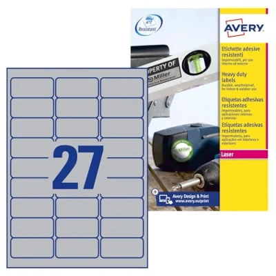 Obrázek AVERY Zweckform L6011 8 Typový štítek Fóliové etikety (216 nálepek, 63,5 x 29,6 mm na A4, silně samolepicí, odolné, odolné proti povětrnostním vlivům, potištěná lepicí fólie, blanko) listů, stříbrné