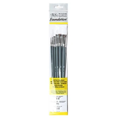Obrázek Winsor &amp; Newton 5295008 Foundation sada štětců, akrylové štětce, 6 ks, kulatý štětec č. 3, plochých štětců 10, 14 Filbert dlouhá rukojeť