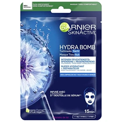 Obrázek Garnier Textilní maska pro noc, obličejová unavenou a citlivou pokožku, regenerační hydratační, s kyselinou hyaluronovou, hlubokou vodou extraktem z chrpy, hydra bomb, 28 g