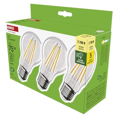Obrázek EMOS LED žárovka Filament A60 A třída vintage patice E27 teplá bílá 1060 lm extra úsporná, 5 W (namísto 75W žárovky) 50000 hodin úhel 300 CRI min. 80 3 balení